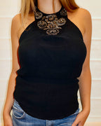 Vintage Black Silk Beaded Halter Top - US S