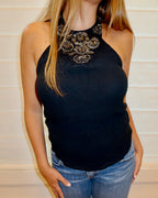 Vintage Black Silk Beaded Halter Top - US S