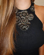 Vintage Black Silk Beaded Halter Top - US S