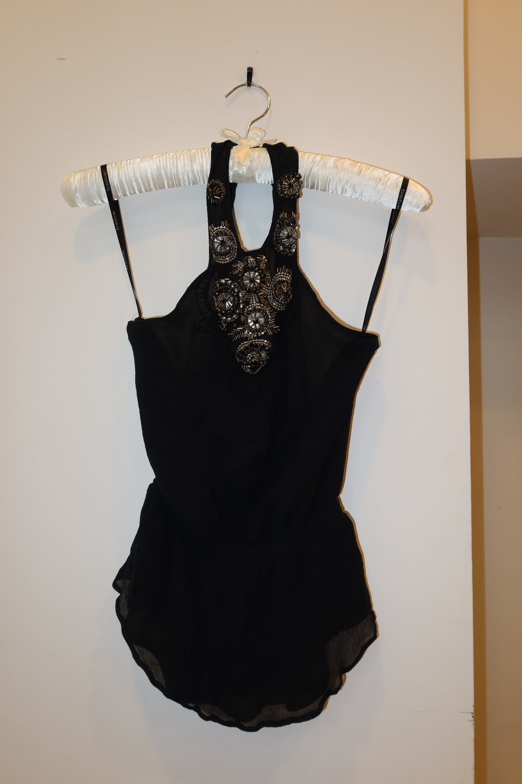Vintage Black Silk Beaded Halter Top - US S